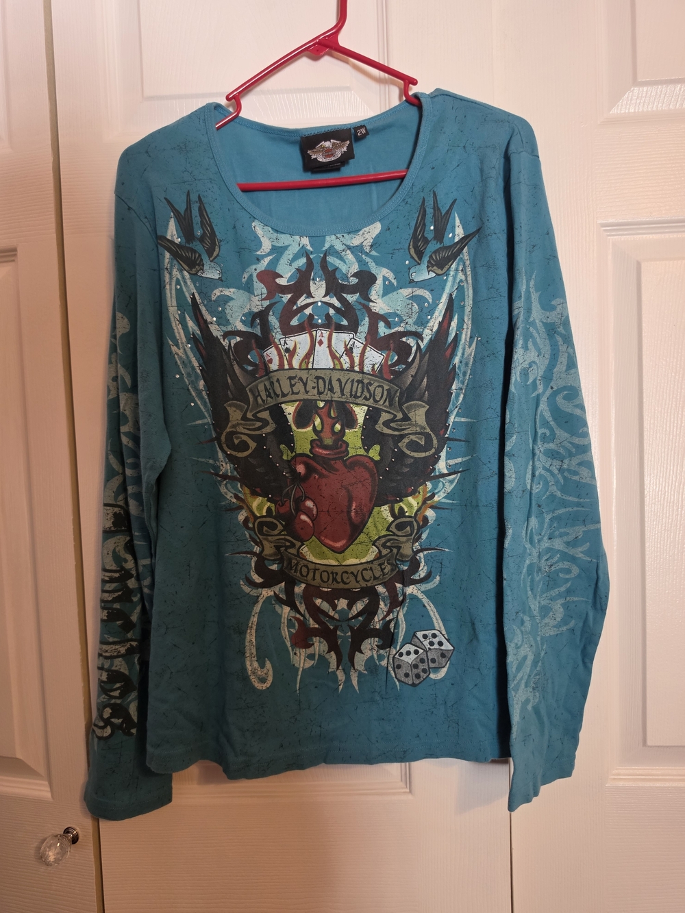 Vintage Y2k Harley-Davidson Women's Teal Graphic Long-Sleeve Tee